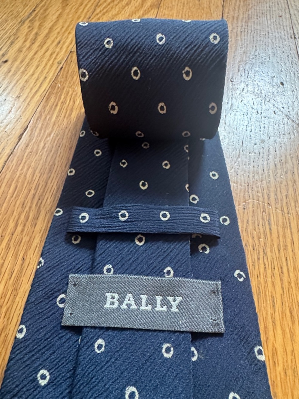 Classic Bally Navy Silk Tie with Small White Dot Motif